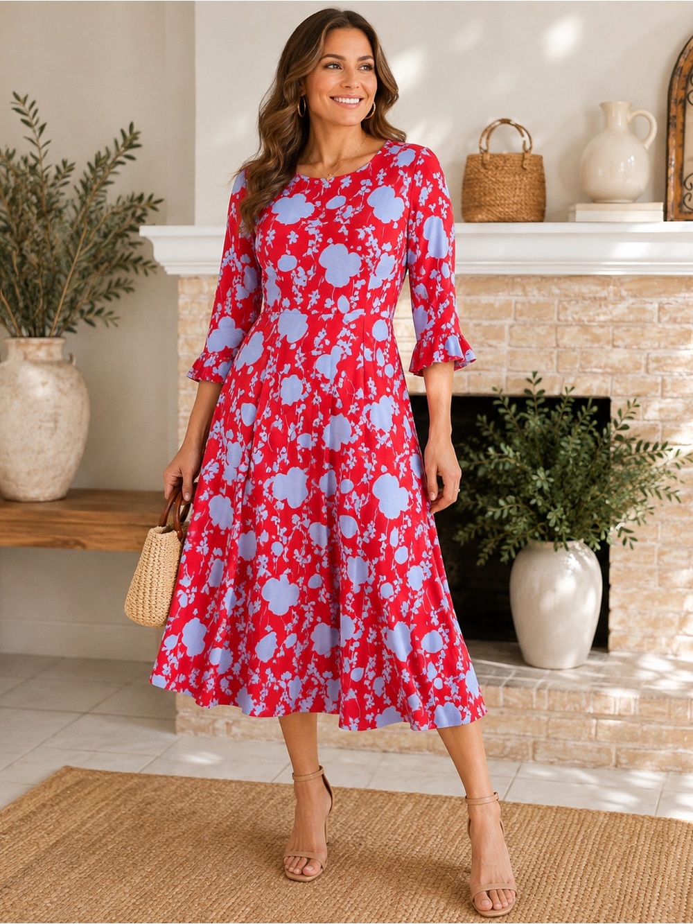 Boden Red Ruffle Seamed Midi Dress Poppy Dainty Sprigs Size 12R $190